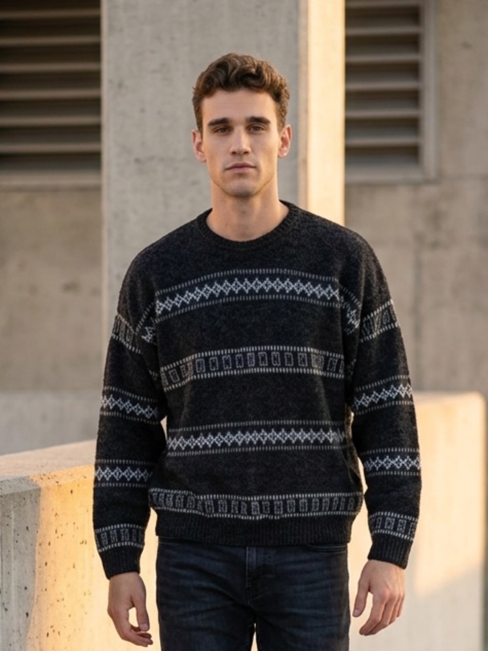 Vintage Retro geometric Electric Grandpa chunky knit crew neck sweater